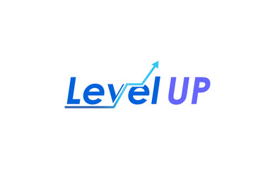 Level Up logo with rising arrow symbol representing growth progress improvement and business development in modern blue gradient typography isolated on white background