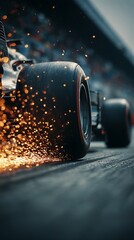 Fototapeta premium Awesome photo of formula one car racing with sparks flying from the tires on track.