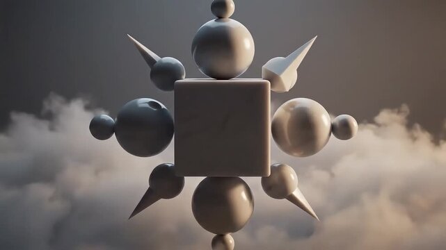 Abstract 3D geometric entity featuring spheres and pointed shapes rotating symmetrically around a glowing central cube, set against a dark, stormy sky, ideal for technology presentations video.