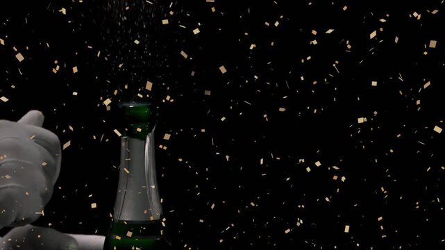 Gloved hand contacting foil cage, loosening and popping cork to celebrate, gold confetti falling