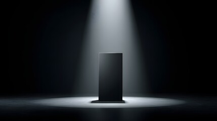 Minimalist dark stage setting features a single illuminated black pedestal under a focused spotlight