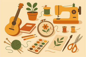 Crafting essentials collection with musical instruments and sewing tools in flat design