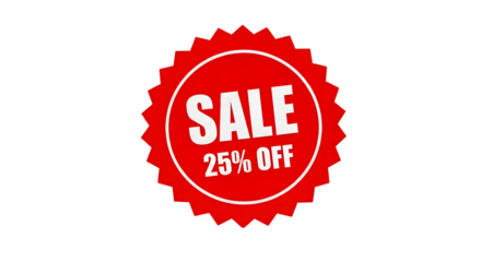 Red sale badge with 25 percent off text isolated on transparent background