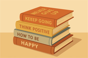 Motivational books stack with inspirational quotes in retro style