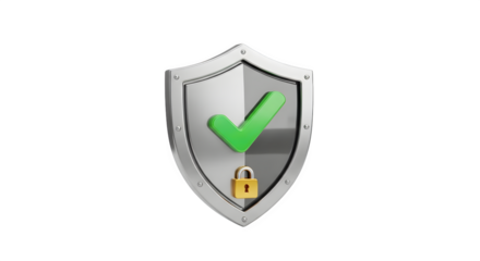 Silver shield with green checkmark and golden lock symbol isolated on transparent background