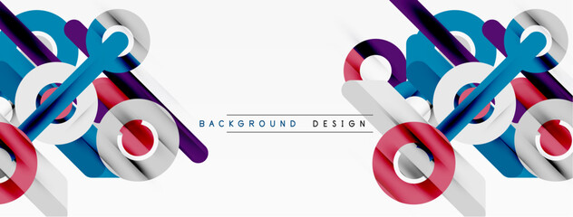 Abstract geometric shapes, vibrant colors, modern design. White background features layered lines, curves, circles. Minimalist aesthetic.