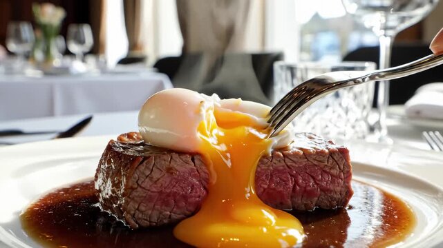 Fork Cutting Into Poached Egg on Top of Steak, Yolk Dripping
