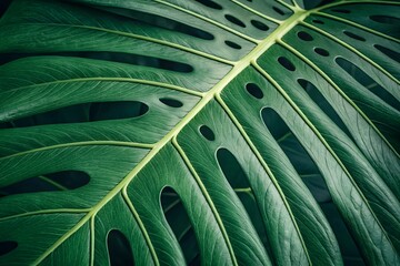 Monstera Leaf Close-Up: Lush Green Tropical Foliage With Bold Vein Texture

