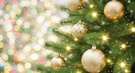 Closeup of a decorated christmas tree with golden baubles and twinkling fairy lights, with a soft bokeh background
