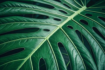 Monstera Leaf Close-Up: Lush Green Tropical Foliage With Bold Vein Texture

