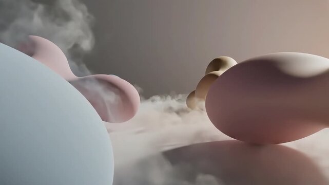 Cinematic 3D motion graphics loop featuring soft, amorphous pastel shapes navigating a dark, ethereal fog and cloud environment, ideal for corporate backgrounds and abstract design projects.