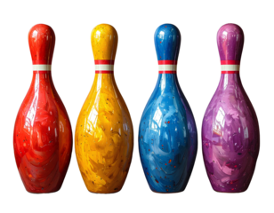 Four vibrant, colorful decorative bowling pins or vases in a row, with glossy isolated on a transparent background.