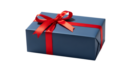 Elegant blue gift box with red ribbon and bow isolated on transparent background