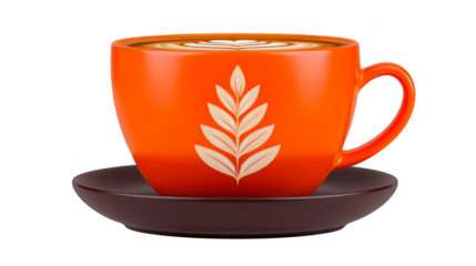 Orange coffee cup latte art leaf pattern brown saucer ceramic hot beverage morning cafe relaxation cozy atmosphere isolated on transparency background