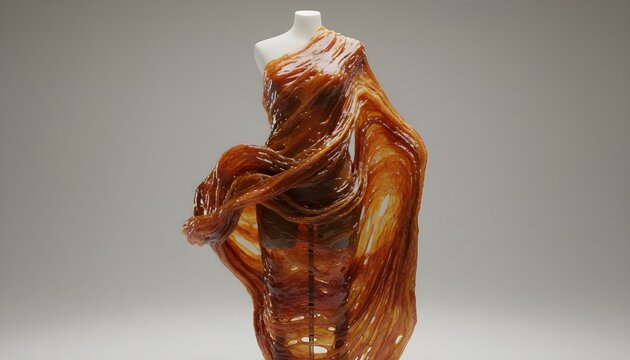 A flowing, glossy dress made from dodol-like material draped over a mannequin, showcasing organic textures, caramel tones, and an artistic, sculptural fashion design