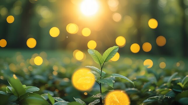 Sunlit plant growing in forest with bokeh background