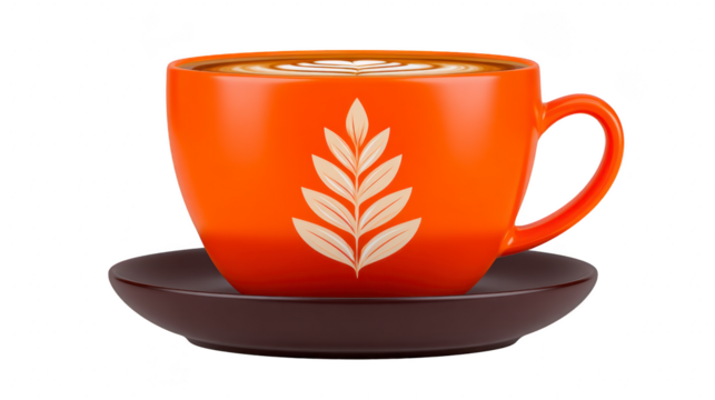 Orange coffee cup latte art leaf pattern brown saucer ceramic hot beverage morning cafe relaxation cozy atmosphere isolated on transparency background - Powered by Adobe