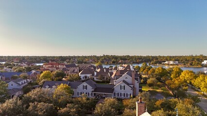 Aerial view of large mansion houses with swimming pool,  in affluent neighborhood  by Woodlands lake, Houston, Texas, expensive suburban homes surrounding by lush green trees, USA