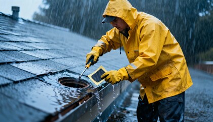 Medium shot of a technician swiftly applying a patch to a storm leak rain pouring around as urgent repairs prevent further water damage.