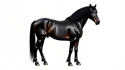 Realistic black horse standing majestically on a white background