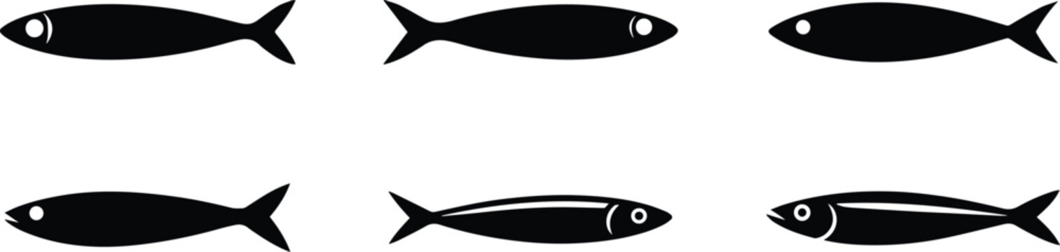 Set of Minimalist black sardine seafood silhouette vector icon