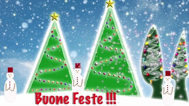 Sfondo animato con alberi di Natale,pupazzi di neve e una scritta Buone Feste!!!