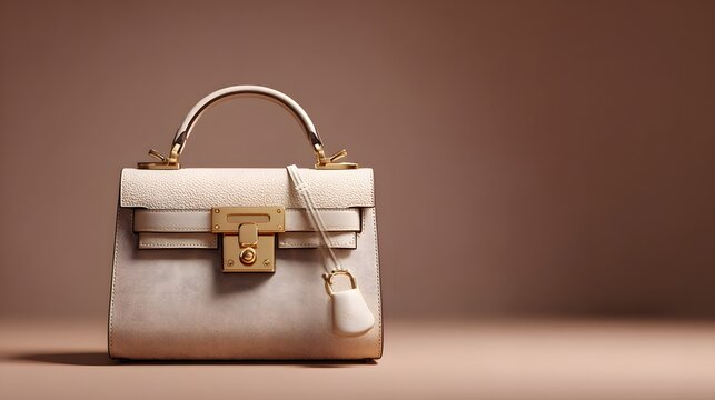 Elegant pale handbag with gold hardware displayed against a soft brown background