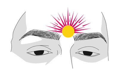 An illustration depicts a person's eyes with a sun symbol between the eyebrows, symbolizing inner peace and enlightenment.