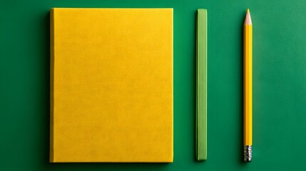 Bright yellow writing material and drawing tool arranged neatly on a vibrant green surface