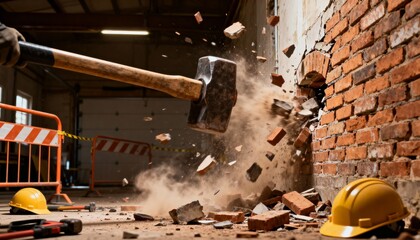Heavyduty sledgehammer breaking through a rustic brick wall with dust and debris flying in a controlled demolition site.