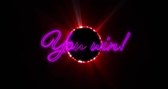 Dark core appearing, forming red ring, neon You win! fading, pulsing, celebrating win on black