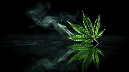 Awesome photo of marijuana leaf with smoke on a dark background, a symbol of cannabis.