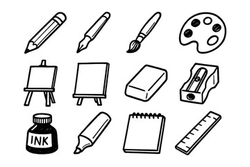 Obraz premium Set of hand drawn art supplies: pencils, brushes, easel, palette, and more