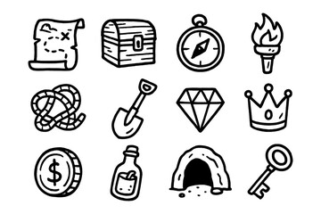 Hand drawn adventure icons: treasure map, chest, compass, and more