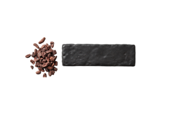 A sleek, dark charcoal energy bar with a matte finish, alongside a neat pile of dark brown cacao nibs, shot 45-degree on a transparent background, studio lighting, concept of premium nutrition and