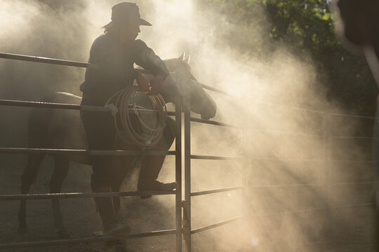 A cowboy training a horse in a dusty corral at sunrise, creating a dramatic western silhouette