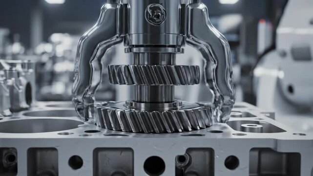 High-Tech Robotic Arm Assembling Engine Block in Modern Factory