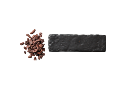 A sleek, dark charcoal energy bar with a matte finish, alongside a neat pile of dark brown cacao nibs, shot 45-degree on a transparent background, studio lighting, concept of premium nutrition and