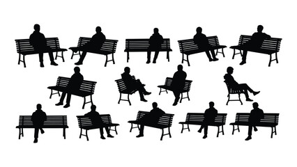 People sitting on benches silhouettes isolated on white background, Vector