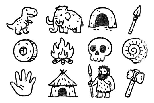 Prehistoric icons: hand-drawn stone age elements with dinosaurs, mammoth, caveman, and tools