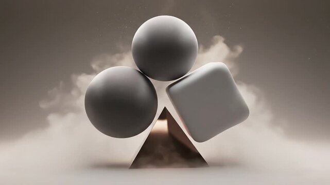 Abstract 3D rendering of basic geometric shapes (spheres and cube) balanced on a pyramid, engulfed in atmospheric smoke and dust, ideal for data concepts and futuristic technology.