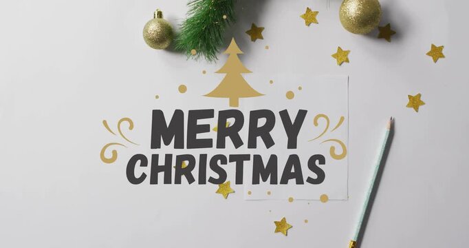 On start greeting graphic animating over white card, gold tree and text forming Merry Christmas