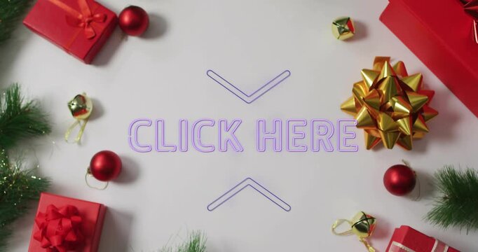 On load flat-lay CLICK HERE graphic pulsing purple outline, chevrons darkening to attract clicks