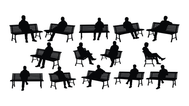 People sitting on benches silhouettes isolated on white background, Vector