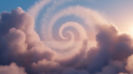 Abstract animation of soft pink and white clouds swirling into a hypnotic vortex or spiral shape in a blue sky, illuminated by golden sunlight, perfect for fantasy films and sci-fi transitions. - Powered by Adobe