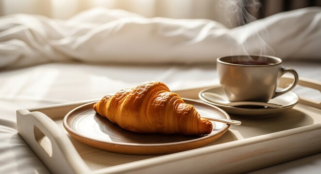 Macro of croissant on ceramic plate with cup of tea on linen tray, soft morning light, cozy breakfast mood, negative space on left.
- Powered by Adobe