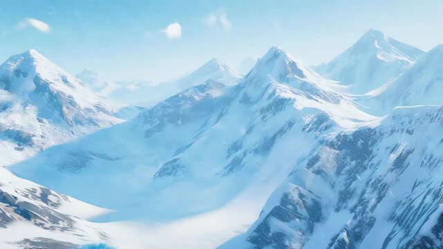 Cartoon child with a hat, pointing towards mountains in a winter landscape