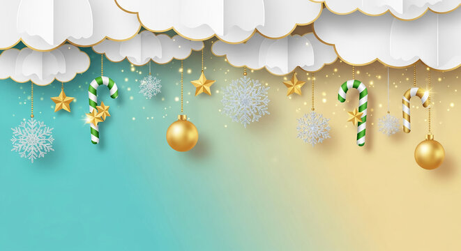 Festive arrangement of clouds, snowflake, star, bauble, and candy cane ornaments, conveying holiday spirit, celebration, and winter atmosphere with free space
