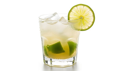 Fototapeta premium A refreshing caipirinha cocktail with lime and ice cubes on a clean white background studio shot