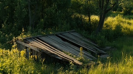 Collapsed wooden roof beams of a forgotten shed partially overgrown with green vegetation in natural sunlight